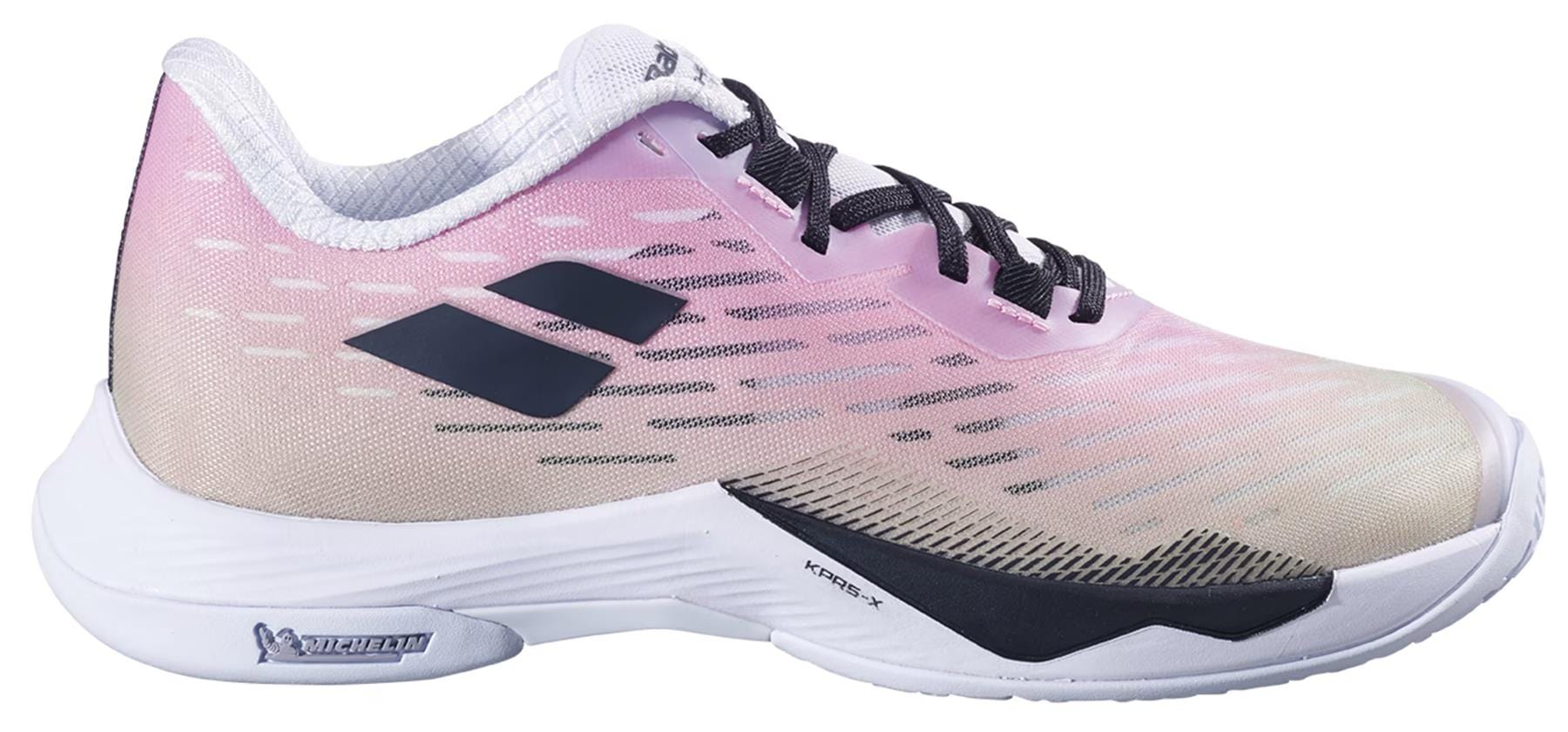 The Babolat Shadow Tour 5 Women's Badminton Shoes in pink and green have a low-cut design, black logo stripes, black laces, a white sole, and offer excellent indoor court grip.