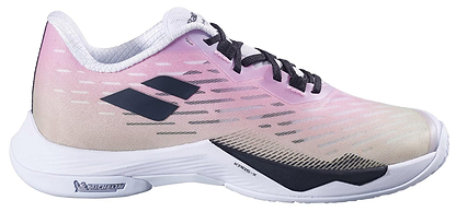 The Babolat Shadow Tour 5 Women's Badminton Shoes in pink and green have a low-cut design, black logo stripes, black laces, a white sole, and offer excellent indoor court grip.