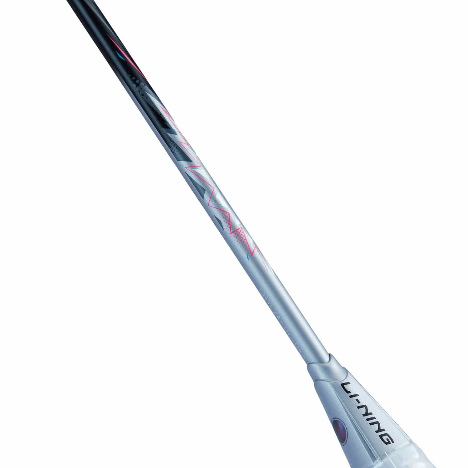 A detailed view of the Li-Ning Axforce Big Bang 5U badminton racket shaft in black and silver, crafted for intermediate to advanced players, showcasing a bold zigzag pattern in red with the "Li-Ning" logo prominently displayed in black.