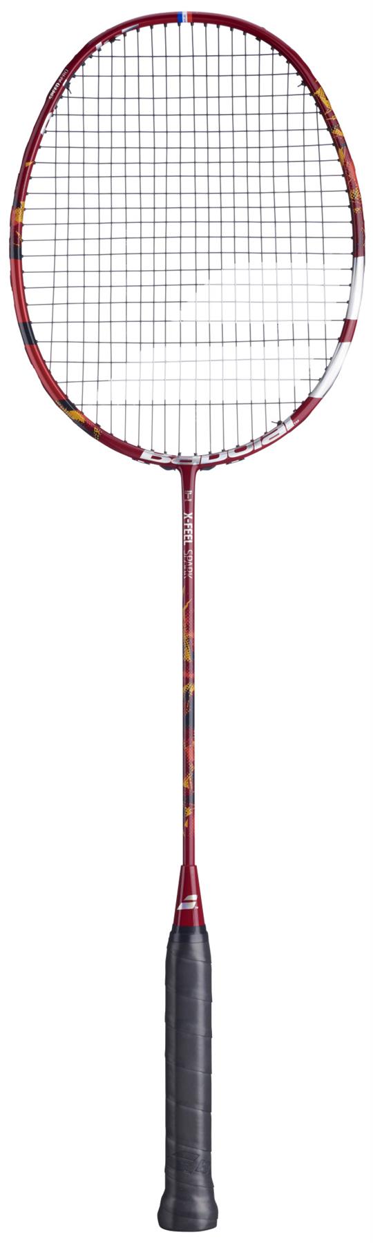 The Babolat X-Feel Spark 2026 3U Badminton Racket in red, seen vertically with a black grip and white strings against a white background, showcases Babolat’s signature power potential.