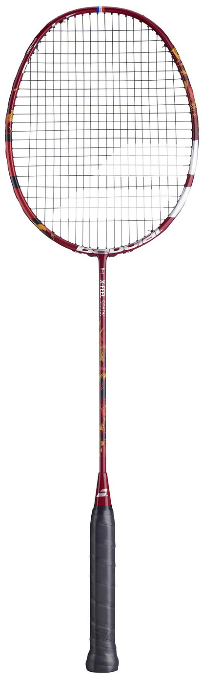 The Babolat X-Feel Spark 2026 3U Badminton Racket in red, seen vertically with a black grip and white strings against a white background, showcases Babolat’s signature power potential.
