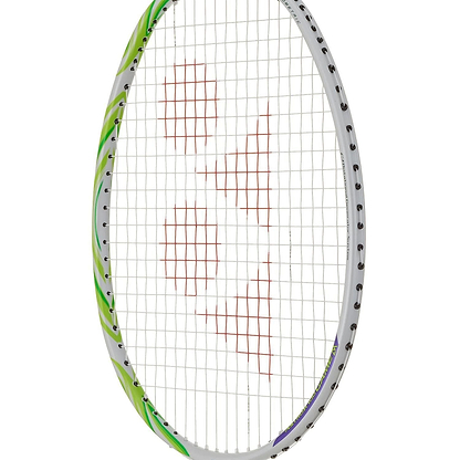 A close-up of the Yonex Astrox 100 Game VA Viktor Axelsen 4U Badminton Racket in greyish beige, featuring white strings, a white frame with green and purple accents, and a red geometric string bed design inspired by Viktor Axelsen.