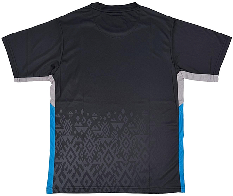 The Yonex YTM11 Mens Badminton T-Shirt in black features gray geometric patterns on the lower back and blue-gray side panels. Made with Air-Release fabric for cool, quick-dry comfort. Shown laid flat, back facing up. Brand: Yonex.
