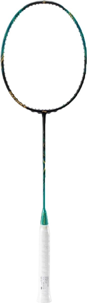 The Li-Ning Axforce 100 II Badminton Racket - Storm Green, featuring black and green colors with gold accents and a white grip, is displayed vertically on a white background.