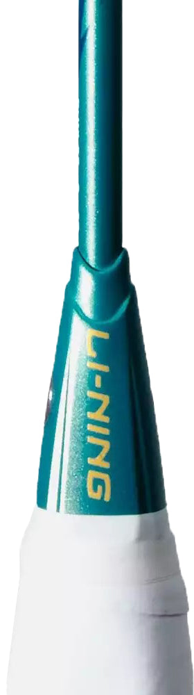 Close-up of the base of a Li-Ning Axforce 100 II Badminton Racket in Storm Green, featuring the "LI-NING" brand name in yellow letters on the teal and white shaft.