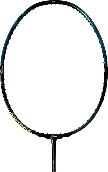 A close-up of the Li-Ning Axforce 100 II Badminton Racket - Storm Green frame highlights its oval head and part of the shaft, unstrung against a plain white background—perfect for players seeking power series performance.