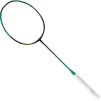 The Li-Ning Axforce 100 II Badminton Racket - Storm Green, featuring a slim shaft and white grip, is displayed against a plain white background.