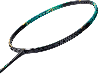 A close-up of the frame and head of the Li-Ning Axforce 100 II Badminton Racket - Storm Green shows the string holes around its oval head and part of its shaft from Li-Ning’s power series.