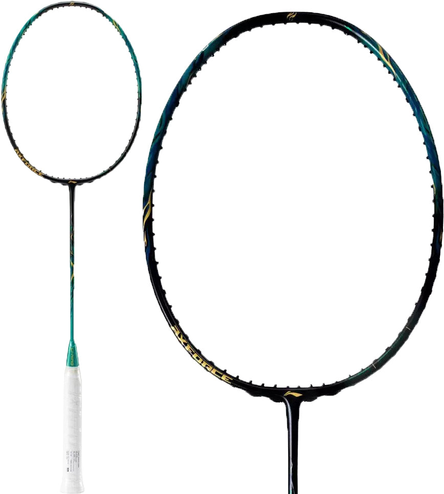 The image shows a Li-Ning Axforce 100 II Badminton Racket in Storm Green with a white grip, featuring both a full view of this power series racket by Li-Ning and a close-up of its head.