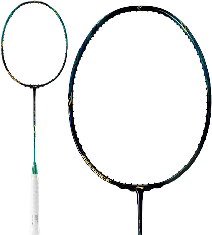 The image shows a Li-Ning Axforce 100 II Badminton Racket in Storm Green with a white grip, featuring both a full view of this power series racket by Li-Ning and a close-up of its head.