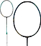 The image shows a Li-Ning Axforce 100 II Badminton Racket in Storm Green with a white grip, featuring both a full view of this power series racket by Li-Ning and a close-up of its head.
