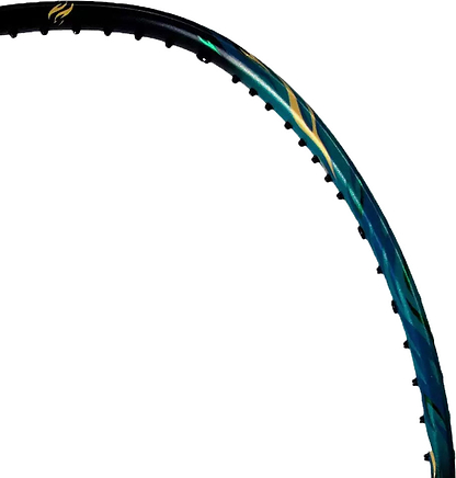 A close-up of the Li-Ning Axforce 100 II Badminton Racket - Storm Green by Li-Ning shows the upper frame with string holes and a subtle yellow accent along the side. The strings are not visible.