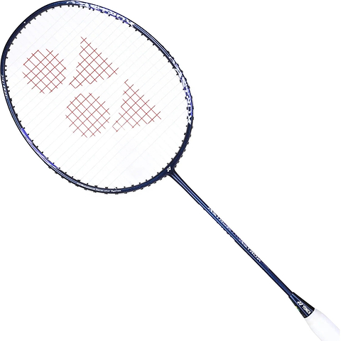A Yonex Astrox 10 4U badminton racket in navy blue, featuring a head heavy balance and full graphite construction, is displayed against a white background.