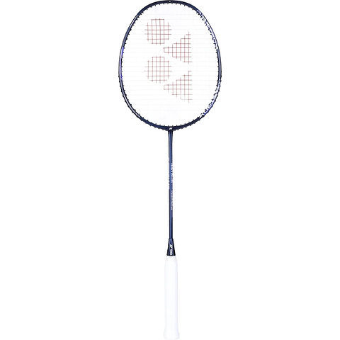 The Yonex Astrox 10 4U Badminton Racket - Navy Blue is a full graphite racket designed by Yonex, featuring a navy blue frame with white strings and a white grip. Adorned with a red geometric design on the strings and inspired by the Astrox 10 series, this racket offers a head heavy balance for powerful smashes and improved control.