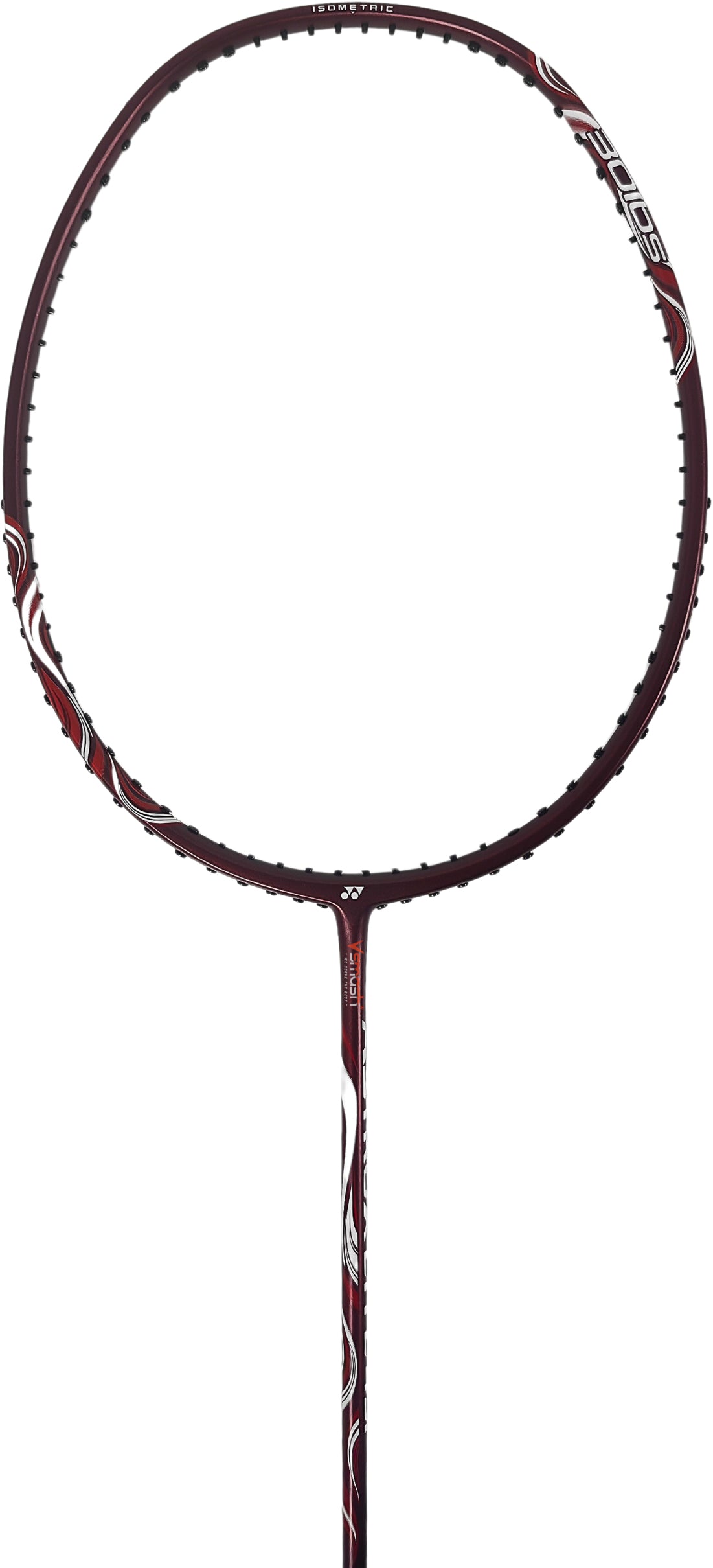 The Yonex Astrox Light 45i 5U Badminton Racket - Kurenai by Yonex is a maroon, lightweight racket with sleek white accents, displayed against a simple white background. Featuring an oval head and slim shaft, it’s perfect for players who prioritize speed and agility. Inspired by advanced models, this attacking racket delivers dynamic on-court performance.