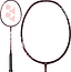 The Yonex Astrox Light 45i 5U Badminton Racket - Kurenai features a maroon frame with a black grip and white strings marked by a red Yonex logo, presented in both full-length and close-up views of the head. This lightweight racket from Yonex is ideal for players who desire fast maneuverability and powerful attacking play.