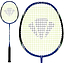 The Carlton Tru-Storm ASi 300 G6 2U Badminton Racket in navy blue and black features a black grip, yellow strings, and a striking black geometric pattern at the center of the racket head—making it an excellent choice from Carlton for players who want a dependable beginner badminton racket.