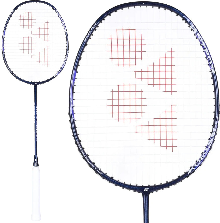 A Yonex Astrox 10 4U Badminton Racket - Navy Blue by Yonex is displayed with a white grip, navy blue frame, and red pattern on the strings, shown in both full view and a close-up of the racket head. This full graphite badminton racket features a head heavy balance for powerful smashes and precise control.