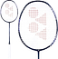 A Yonex Astrox 10 4U Badminton Racket - Navy Blue by Yonex is displayed with a white grip, navy blue frame, and red pattern on the strings, shown in both full view and a close-up of the racket head. This full graphite badminton racket features a head heavy balance for powerful smashes and precise control.