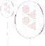 The Yonex Astrox 10 4U Badminton Racket in White/Pink features a full graphite construction with a white handle and a striking red geometric string pattern, shown from both the front and at an angled side. This racket offers a head-heavy balance, providing powerful smashes and enhanced performance.