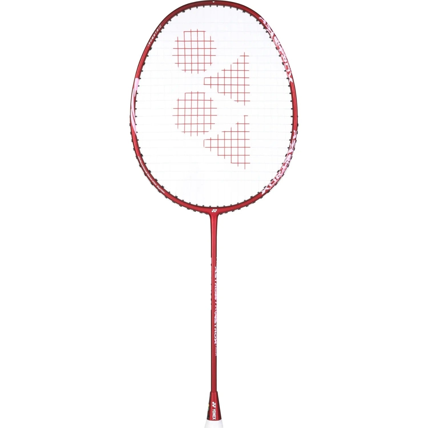 A Yonex Astrox 10 4U Badminton Racket in Dark Wine, constructed from graphite and featuring a head-heavy balance, is shown from the front with white strings and a logo pattern on the head, isolated on a white background.