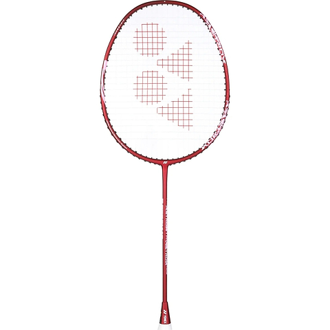 A Yonex Astrox 10 4U Badminton Racket in Dark Wine, constructed from graphite and featuring a head-heavy balance, is shown from the front with white strings and a logo pattern on the head, isolated on a white background.