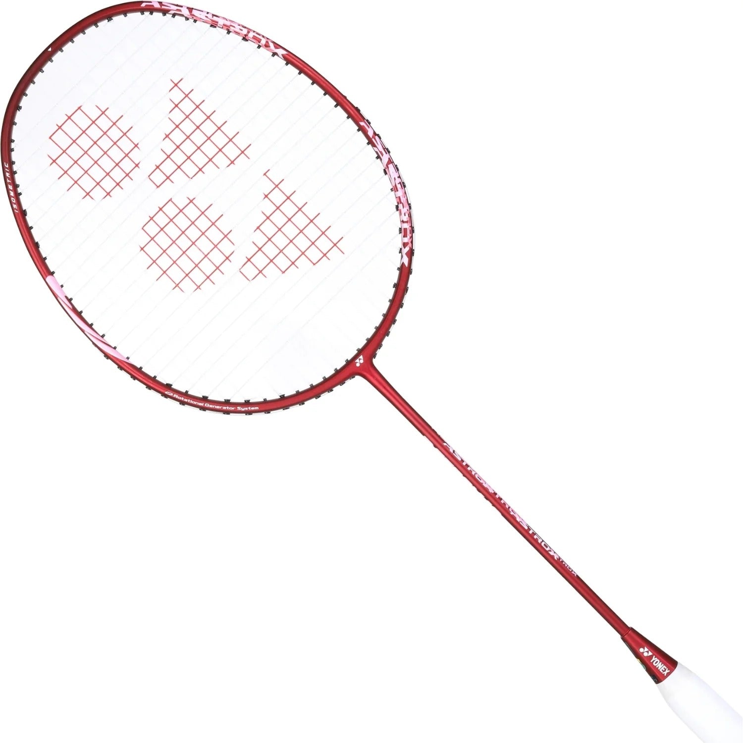 A Yonex Astrox 10 4U Badminton Racket in Dark Wine with a white grip, displaying a patterned string bed and the Yonex logo on the strings. This graphite racket from Yonex features a head heavy balance, providing powerful smashes and excellent control for intense rallies.