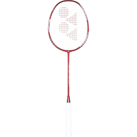 A Yonex Astrox 10 4U Badminton Racket in Dark Wine, crafted with graphite and featuring a head heavy balance, is displayed upright against a white background. The racket has a white handle and a branded pattern on the strings.