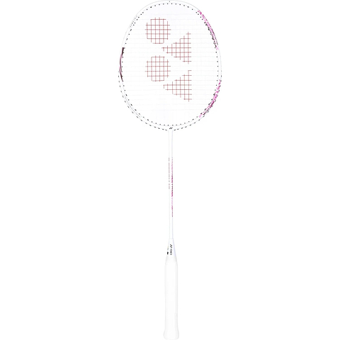 The Yonex Astrox 10 4U Badminton Racket in white and pink, by Yonex, features a head heavy balance reminiscent of the Astrox 10 line, with pink detailing on the frame and strings. It is displayed upright against a plain white background.