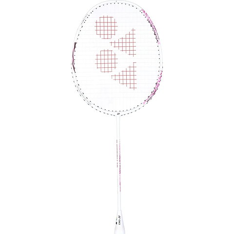 The Yonex Astrox 10 4U Badminton Racket in White/Pink features a sleek white frame with pink accents and geometric designs on the strings, set against a plain white background. This full graphite racket from Yonex is designed with a head heavy balance, inspired by the acclaimed Astrox 10 series, making it ideal for delivering both powerful and precise shots.