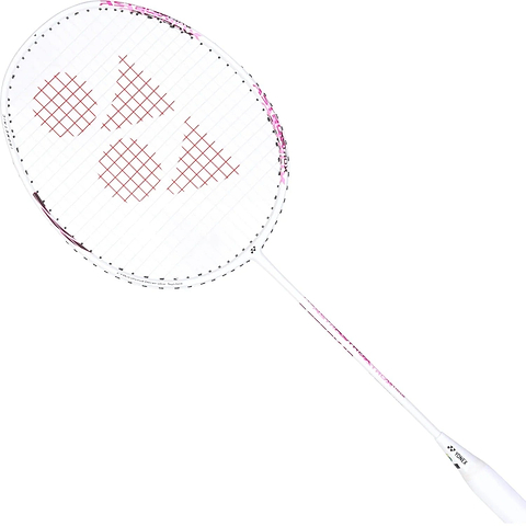 The Yonex Astrox 10 4U Badminton Racket in White and Pink is displayed against a plain white background. Featuring a red Yonex logo on its stringed area, this full graphite racket from Yonex offers a head heavy balance, making it perfect for players looking for powerful smashes and precise control.