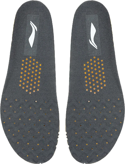 Li-Ning Badminton Shoe Insoles - Grey feature orange perforations at the heel and forefoot, white Li-Ning logos on top, and a supportive replacement insole design for enhanced comfort.