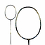 Close-up image of the Li-Ning Axforce 100 badminton racket, ideal for advanced players. It boasts a pale gold frame with vibrant patterns, complemented by its white grip. The strings are not visible, highlighting its sleek design against a plain white background.