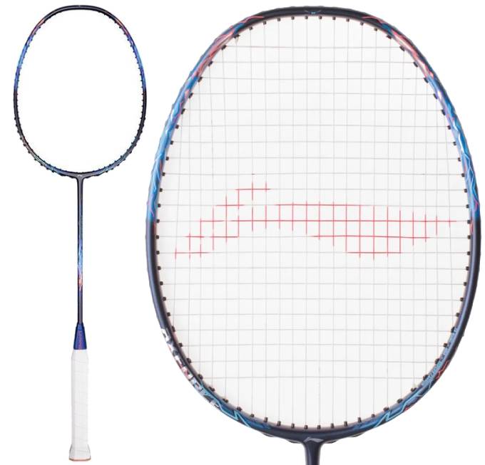 Close-up of a Li-Ning Axforce 90 Long Max Badminton Racket in Storm Blue, showcasing the grid pattern strings on the oval head. It features a medium flex shaft, head-heavy balance, and a white-wrapped grip.