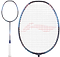 Close-up of a Li-Ning Axforce 90 Long Max Badminton Racket in Storm Blue, showcasing the grid pattern strings on the oval head. It features a medium flex shaft, head-heavy balance, and a white-wrapped grip.