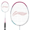 The Li-Ning Axforce 9 3U Badminton Racket in Carmine Rose features a head-heavy design with a white frame and strings, complemented by a pink and blue pattern near the racket's head, and finished with a black grip. A vivid red design adorns the center of the strings against its plain white background.
