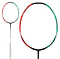 A Li-Ning Halbertec 7000 4U Badminton Racket in Arcadia and Orange Juice colors is showcased. The full-view image, complemented by a smaller side profile, accentuates its sleek design and vibrant hues. Made by Li-Ning with Med Carbon Fibre for enhanced performance.