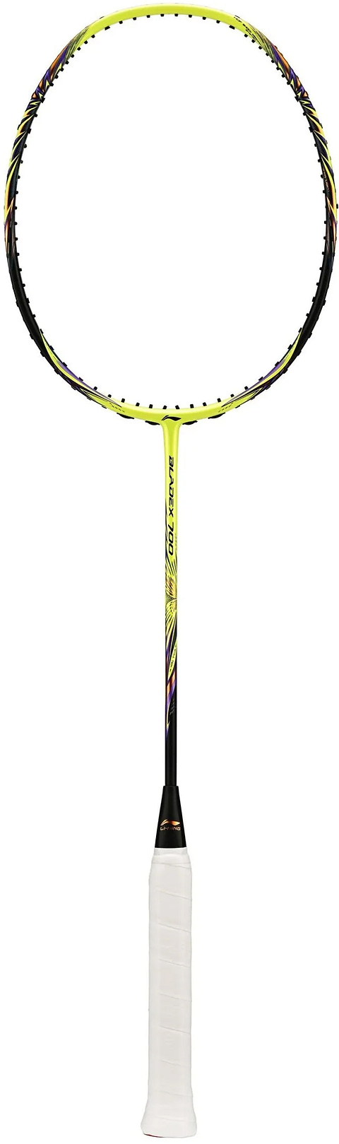 A Li-Ning BladeX 700 4U Badminton Racket in Neon Brilliant Yellow, featuring a white grip and an aerodynamic frame for enhanced speed, is displayed upright against a white background.