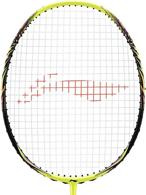 A Li-Ning BladeX 700 4U Badminton Racket in Neon Brilliant Yellow, featuring a speed-oriented, aerodynamic frame with yellow and black accents, white strings, and a red pattern in the center of the string bed, photographed against a white background.
