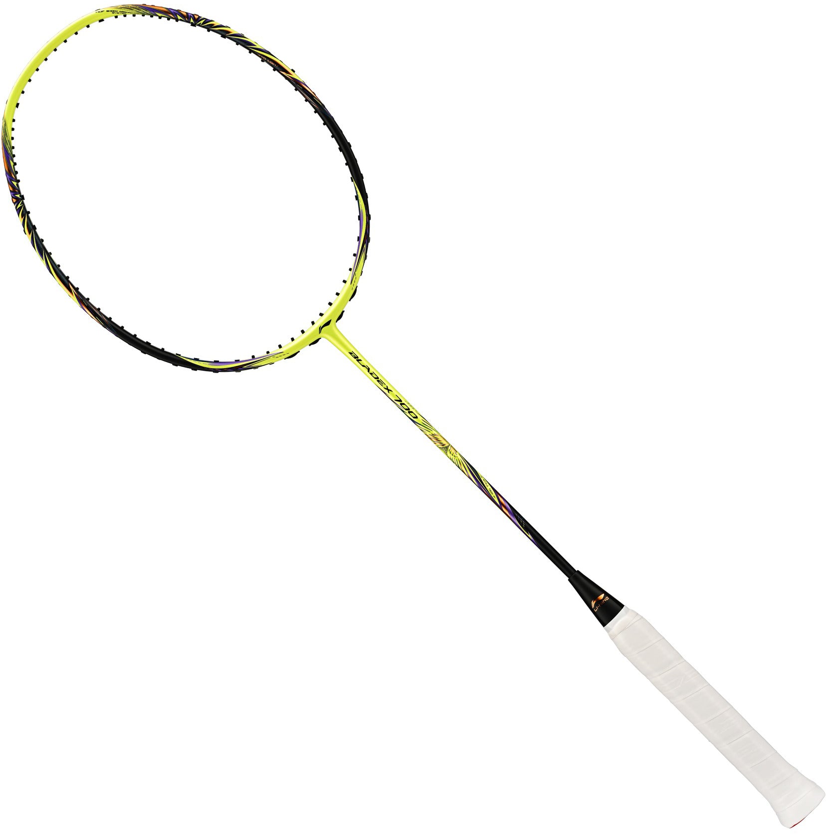 A Li-Ning BladeX 700 4U Badminton Racket in Neon Brilliant Yellow with a black and white color scheme, featuring an aerodynamic frame for enhanced speed, is displayed on a plain white background.