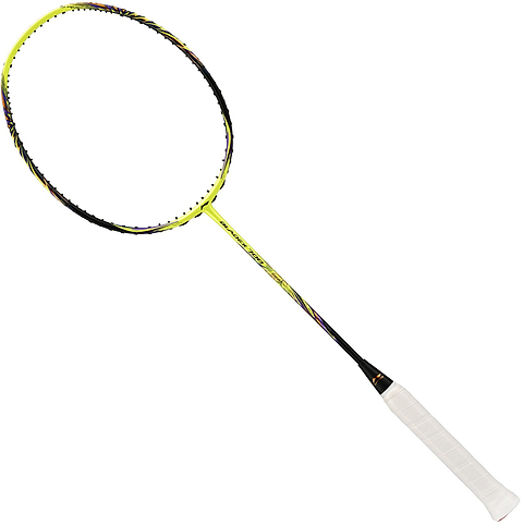 A Li-Ning BladeX 700 4U Badminton Racket in Neon Brilliant Yellow with a black and white color scheme, featuring an aerodynamic frame for enhanced speed, is displayed on a plain white background.