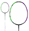 A close-up of the Li-Ning Halbertec 9000 Badminton Racket – Green Crystal / Dragons Violet showcases a vibrant design with green and violet hues on the frame. The white handle complements its tightly woven strings. In the background, you can view this high-performance racket in full.