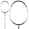 The Li-Ning Halbertec Motor 4U Badminton Racket, featuring a sophisticated white and black frame adorned with striking green and purple accents on the head, is complemented by a comfortable white handle grip. An image showcases the racket in its entirety alongside a detailed close-up of its design, all from the renowned brand Li-Ning at an affordable price.