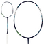 Image of a Li-Ning Axforce Cannon Pro 4U badminton racket with a black frame, white grip, and colorful accents along the sides. The HDF Shock Absorption System enhances the design. The strings are not visible in the zoomed-in section of this blue model by Li-Ning.