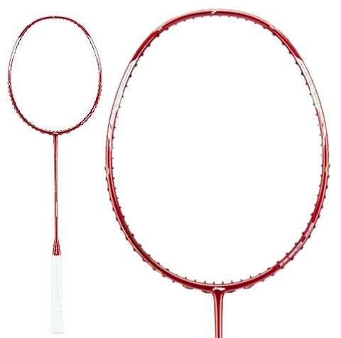 Close-up image of a red badminton racket, showcasing the Li-Ning Axforce Cannon Pro 4U with a white grip. The strings and sleek, modern design accentuate its Shock Absorption System, set predominantly against a white background.