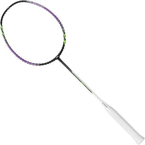 A Li-Ning Halbertec 1000 Badminton Racket - Dragon Purple, featuring a black and purple frame with a white grip, ideal for beginners, is displayed against a white background.