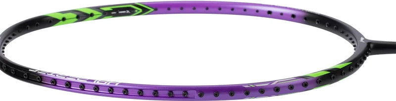 A close-up of the Li-Ning Halbertec 1000 Badminton Racket - Dragon Purple, a control-focused frame by Li-Ning, primarily in purple with green and black accents, displayed without strings to highlight its precision design.