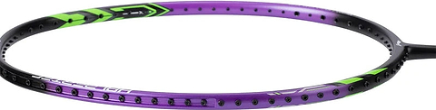 A close-up of the Li-Ning Halbertec 1000 Badminton Racket - Dragon Purple, a control-focused frame by Li-Ning, primarily in purple with green and black accents, displayed without strings to highlight its precision design.