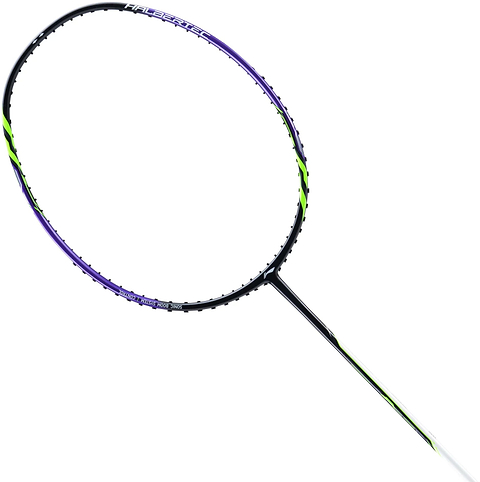 The Li-Ning Halbertec 1000 Badminton Racket - Dragon Purple is displayed against a white background, showcasing its black handle and frame with striking green and purple accents on the head—an excellent pick from Li-Ning for beginners who want both style and performance.
