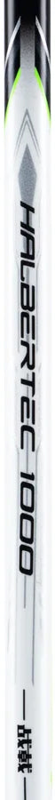 A close-up of a white cylindrical object labeled “Li-Ning Halbertec 1000 Badminton Racket - Dragon Purple” by Li-Ning, featuring geometric designs and text in another language, possibly the shaft of a badminton racket.
